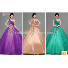 Latest Design Bride Gorgeous Purple Appliqued Strapless Floor Length Tulle Puffy Ball Gown Purple Wedding Dress